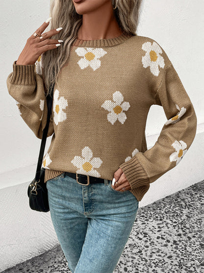 Sweaters- Floral Knitted Drop Shoulder Lantern Sleeve Sweater Jumper- - Pekosa Women Clothing