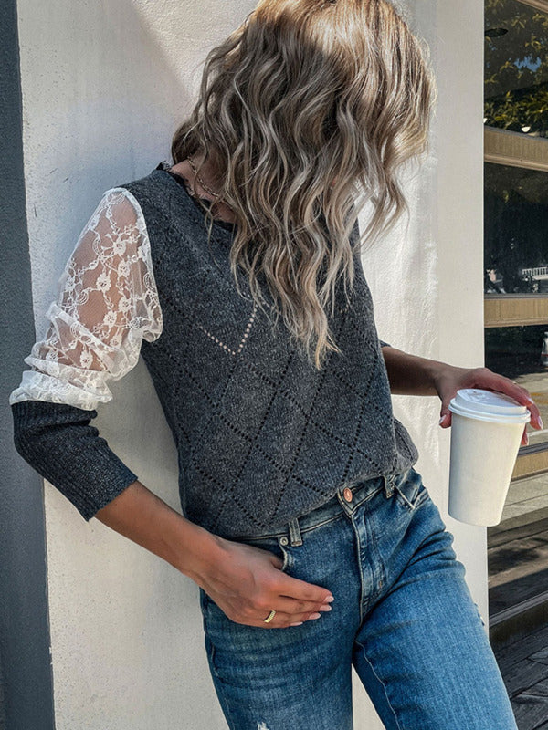 Sweaters- Knitted Diamond Lace Patchwork V-Neck Sweater- - Pekosa Women Clothing