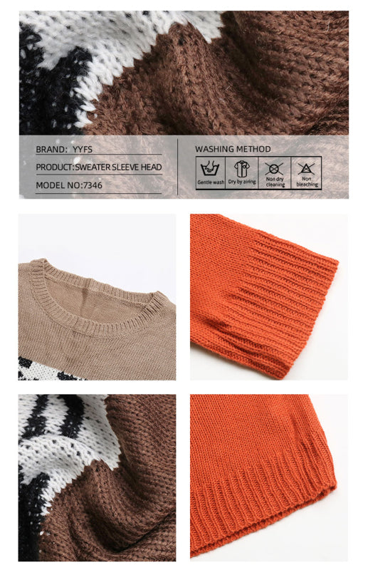 Sweaters- Leopard Color Block Knitted Long Sleeve Pullover Sweater- - Pekosa Women Clothing