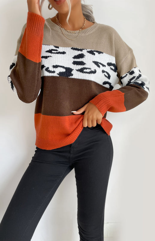 Sweaters- Leopard Color Block Knitted Long Sleeve Pullover Sweater- - Pekosa Women Clothing