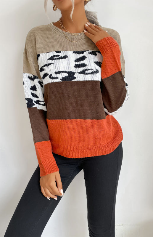 Sweaters- Leopard Color Block Knitted Long Sleeve Pullover Sweater- - Pekosa Women Clothing