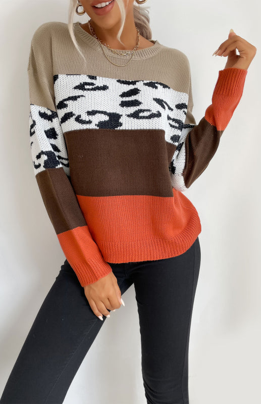 Sweaters- Leopard Color Block Knitted Long Sleeve Pullover Sweater- - Pekosa Women Clothing