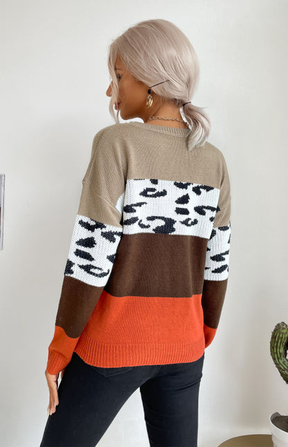 Sweaters- Leopard Color Block Knitted Long Sleeve Pullover Sweater- - Pekosa Women Clothing
