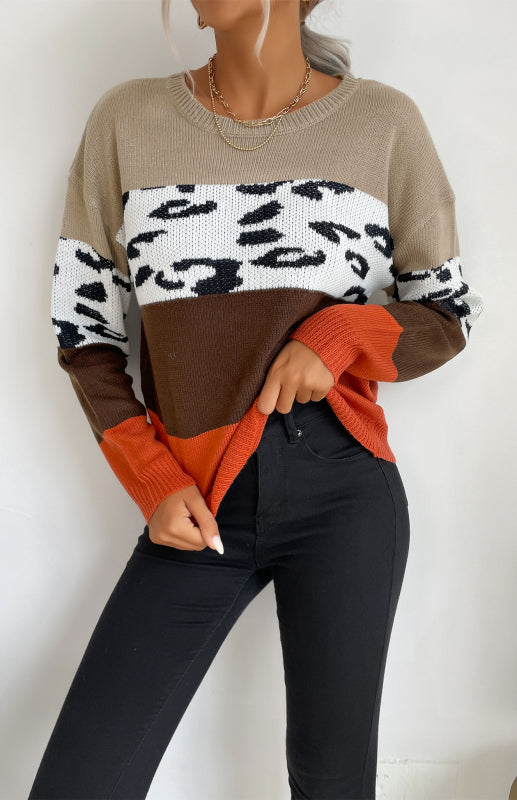 Sweaters- Leopard Color Block Knitted Long Sleeve Pullover Sweater- - Pekosa Women Clothing