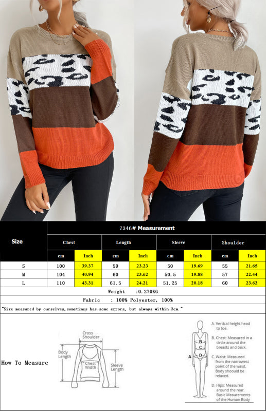 Sweaters- Leopard Color Block Knitted Long Sleeve Pullover Sweater- - Pekosa Women Clothing