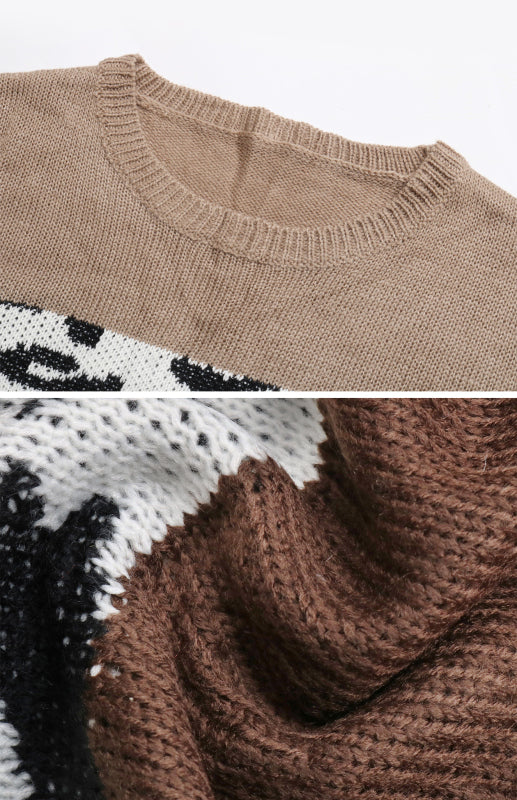 Sweaters- Leopard Color Block Knitted Long Sleeve Pullover Sweater- - Pekosa Women Clothing