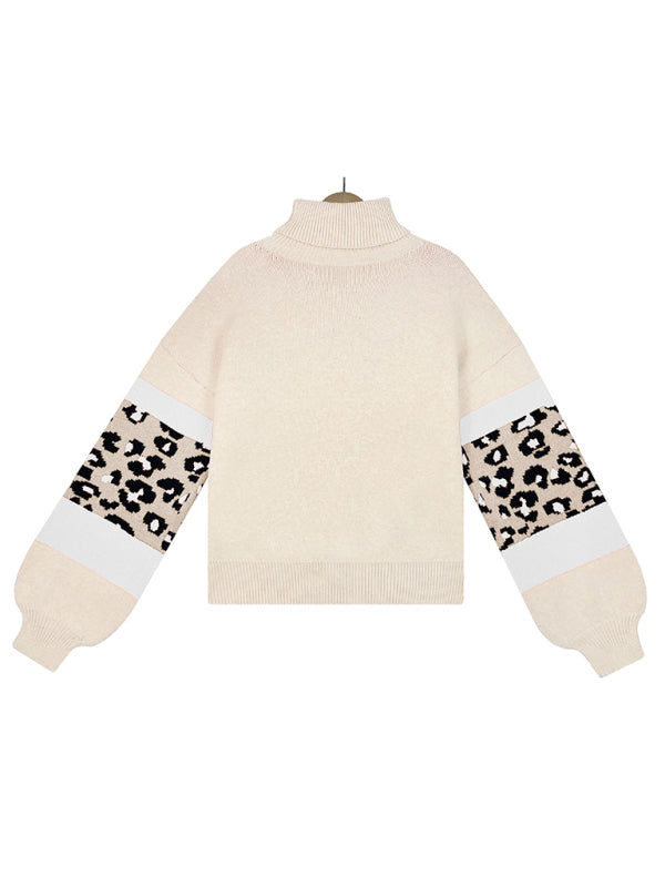 Sweaters- Leopard Color Block Knitted Turtleneck Sweater- - Pekosa Women Clothing