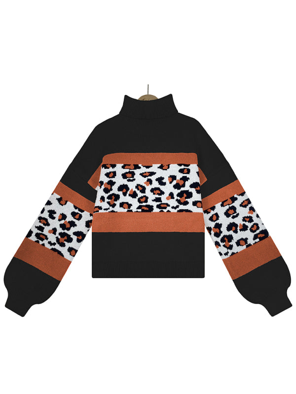 Sweaters- Leopard Color Block Knitted Turtleneck Sweater- - Pekosa Women Clothing