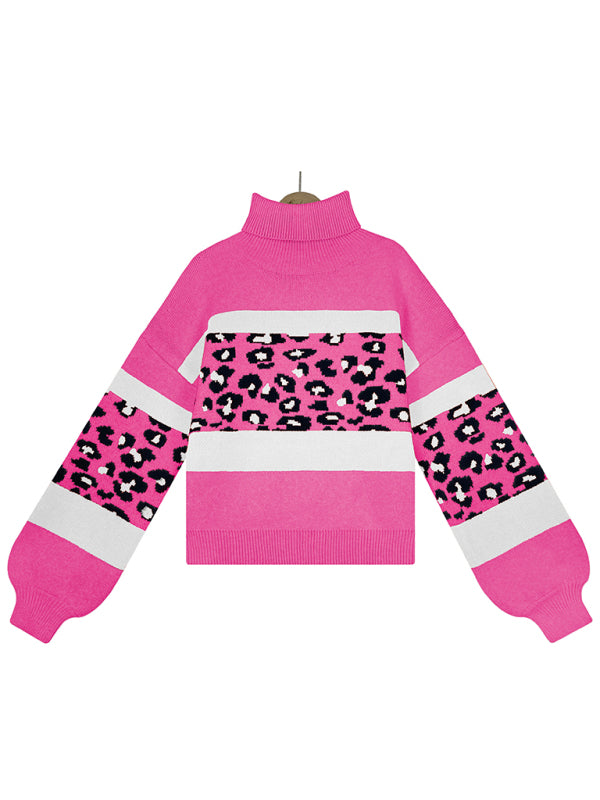 Sweaters- Leopard Color Block Knitted Turtleneck Sweater- - Pekosa Women Clothing