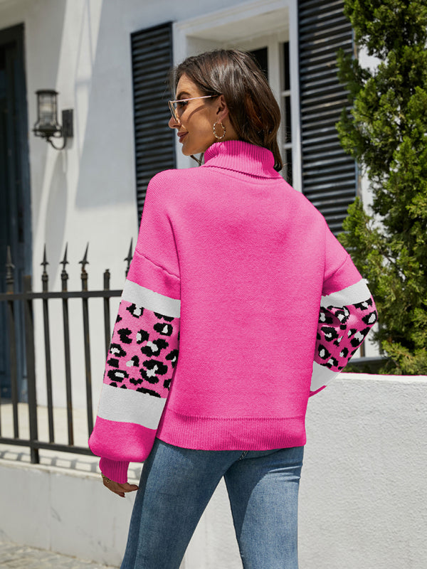 Sweaters- Leopard Color Block Knitted Turtleneck Sweater- - Pekosa Women Clothing