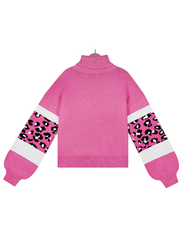 Sweaters- Leopard Color Block Knitted Turtleneck Sweater- - Pekosa Women Clothing