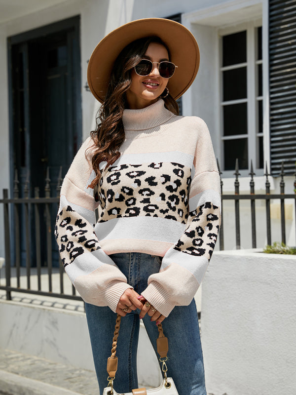 Sweaters- Leopard Color Block Knitted Turtleneck Sweater- - Pekosa Women Clothing