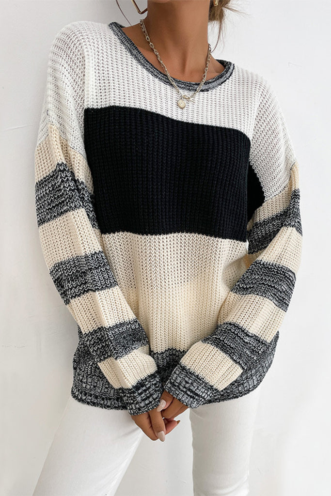 Sweaters- Lightweight Knit Pullover - Women's Color Block Sweater- - Pekosa Women Clothing