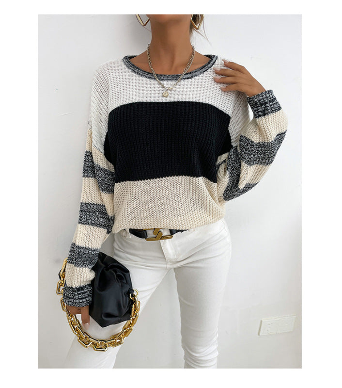 Sweaters- Lightweight Knit Pullover - Women's Color Block Sweater- - Pekosa Women Clothing