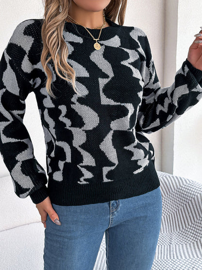 Sweaters- Modern Abstract Knit Pullover Sweater for Fall/Winter- Grey- Pekosa Women Clothing