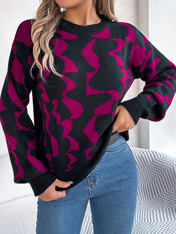 Sweaters- Modern Abstract Knit Pullover Sweater for Fall/Winter- Rose- Pekosa Women Clothing