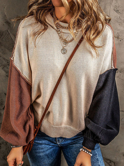 Sweaters- Multi Tones Oversized Patchwork Knit Sweater- Brown- Pekosa Women Clothing