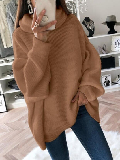 Sweaters- Oversized Turtleneck Jumper | Comfy Slouchy Knit Sweater- Brown- Pekosa Women Clothing