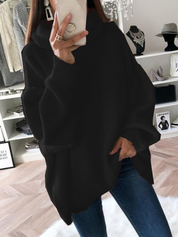 Sweaters- Oversized Turtleneck Jumper | Comfy Slouchy Knit Sweater- Black- Pekosa Women Clothing