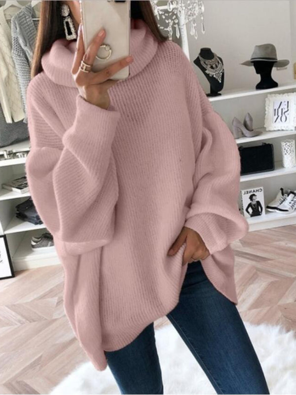 Sweaters- Oversized Turtleneck Jumper | Comfy Slouchy Knit Sweater- Pink- Pekosa Women Clothing