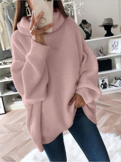 Sweaters- Oversized Turtleneck Jumper | Comfy Slouchy Knit Sweater- Pink- Pekosa Women Clothing