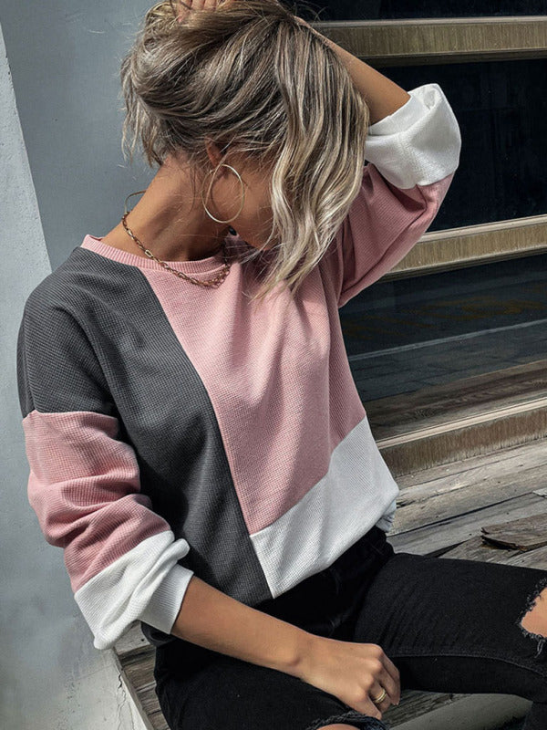 Sweaters- Patchwork Color Block Round Neck Sweater- Charcoal grey- Pekosa Women Clothing