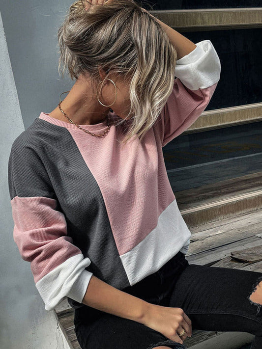 Sweaters- Patchwork Color Block Round Neck Sweater- Charcoal grey- Pekosa Women Clothing