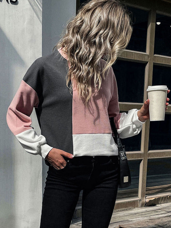 Sweaters- Patchwork Color Block Round Neck Sweater- - Pekosa Women Clothing