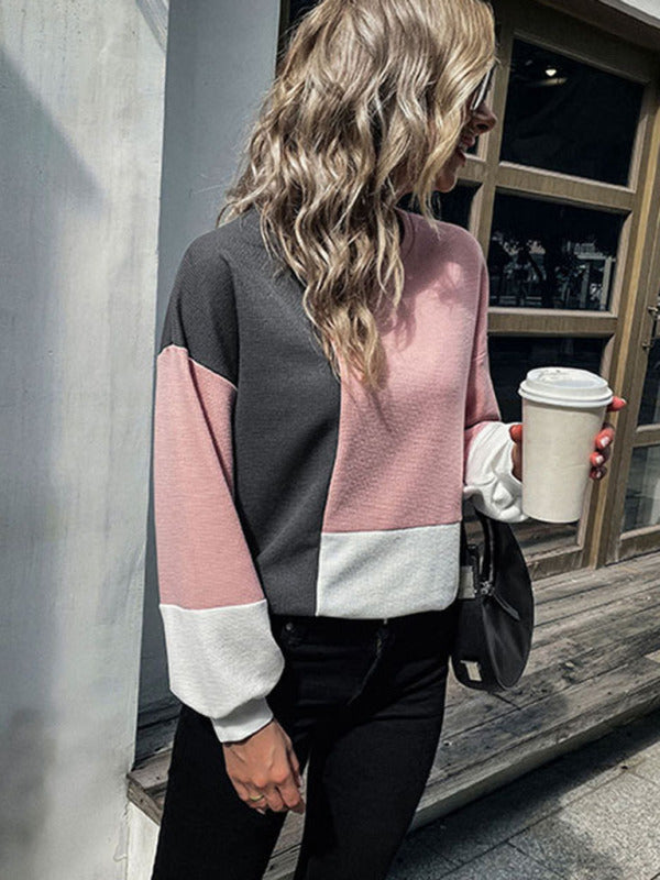 Sweaters- Patchwork Color Block Round Neck Sweater- - Pekosa Women Clothing