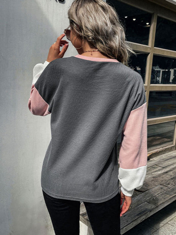 Sweaters- Patchwork Color Block Round Neck Sweater- - Pekosa Women Clothing