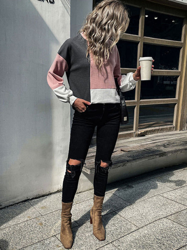 Sweaters- Patchwork Color Block Round Neck Sweater- - Pekosa Women Clothing