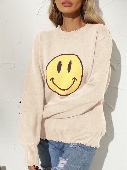 Sweaters- Ripped Knitting Smiley Face Graphic Sweater- Cracker khaki- Pekosa Women Clothing