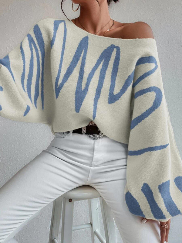 Sweaters- Slouchy Boatneck Balloon Sleeve Abstract Knit Sweater Jumper- - Pekosa Women Clothing