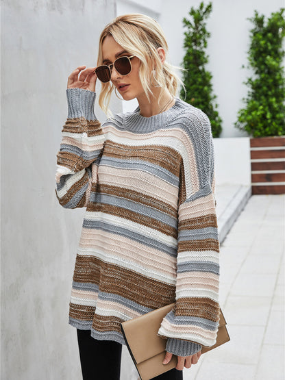 Sweaters- Slouchy Drop Shoulder Stripe Knitted Oversized Sweater- - Pekosa Women Clothing