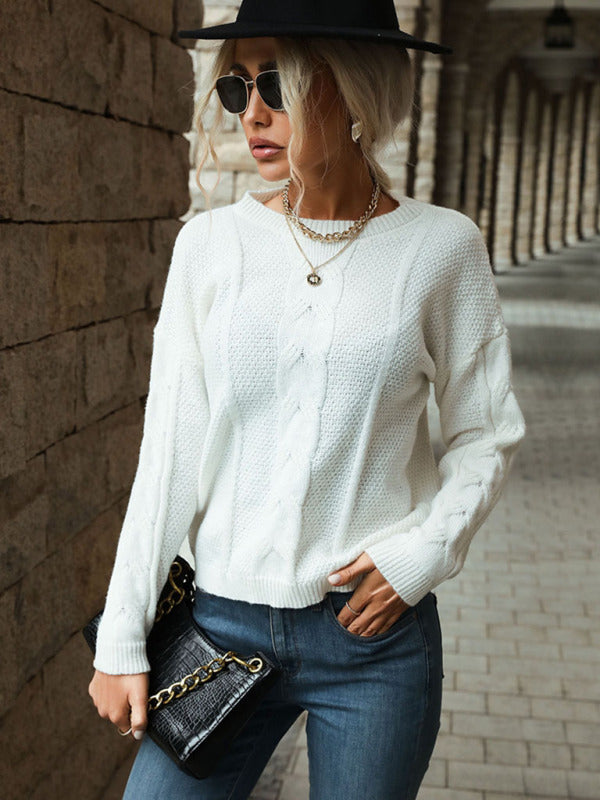 Sweaters- Solid Knitted Cable Drop Shoulder Sweater- - Pekosa Women Clothing