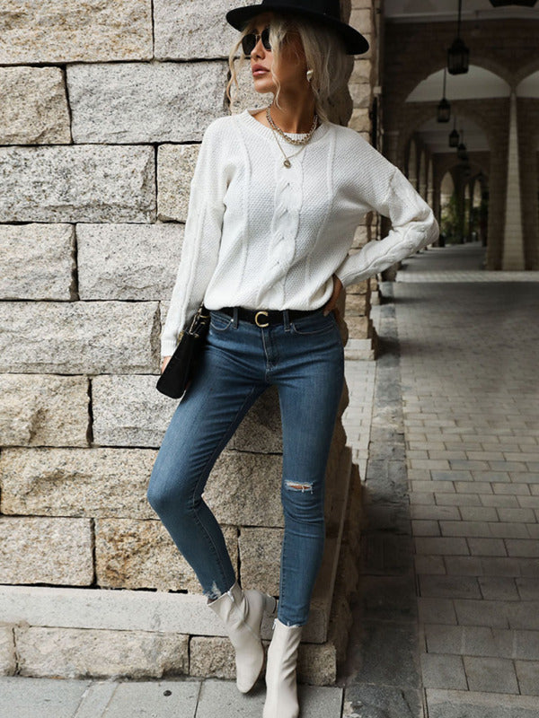 Sweaters- Solid Knitted Cable Drop Shoulder Sweater- - Pekosa Women Clothing