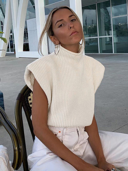 Sweaters- Solid Knitted Turtleneck Dolman Cap Sleeve Sweater Top- - Pekosa Women Clothing