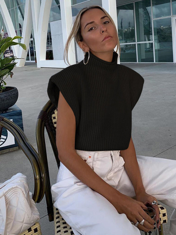 Sweaters- Solid Knitted Turtleneck Dolman Cap Sleeve Sweater Top- Black- Pekosa Women Clothing