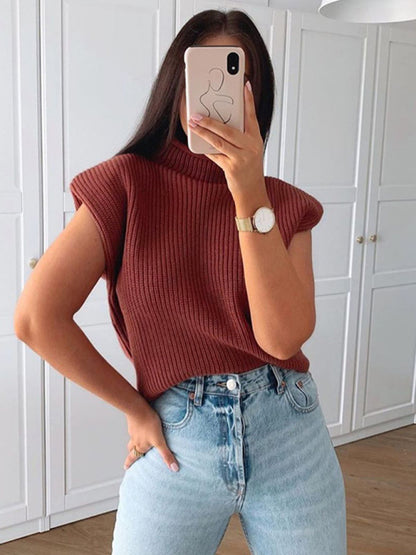 Sweaters- Solid Knitted Turtleneck Dolman Cap Sleeve Sweater Top- - Pekosa Women Clothing