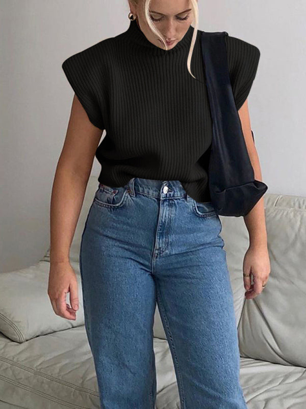 Sweaters- Solid Knitted Turtleneck Dolman Cap Sleeve Sweater Top- - Pekosa Women Clothing