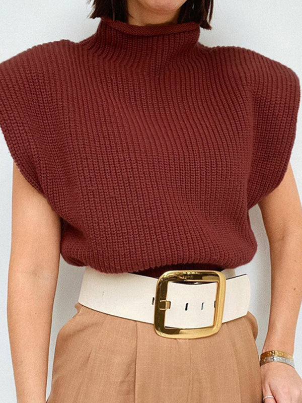 Sweaters- Solid Knitted Turtleneck Dolman Cap Sleeve Sweater Top- Wine Red- Pekosa Women Clothing