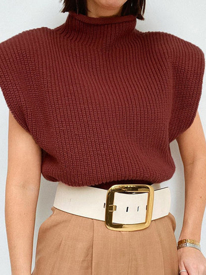 Sweaters- Solid Knitted Turtleneck Dolman Cap Sleeve Sweater Top- Wine Red- Pekosa Women Clothing