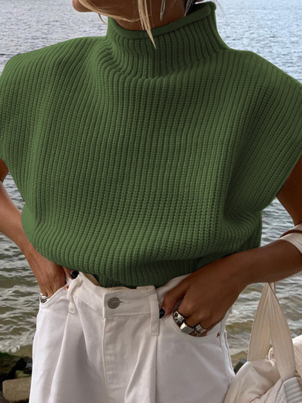 Sweaters- Solid Knitted Turtleneck Dolman Cap Sleeve Sweater Top- Green- Pekosa Women Clothing