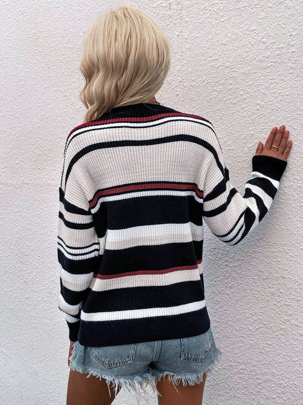 Sweaters- Striped Knitted Color Block Jumper Drop Shoulder Sweater- - Pekosa Women Clothing