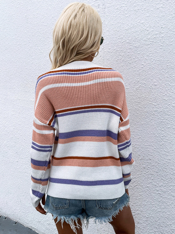 Sweaters- Striped Knitted Color Block Jumper Drop Shoulder Sweater- - Pekosa Women Clothing