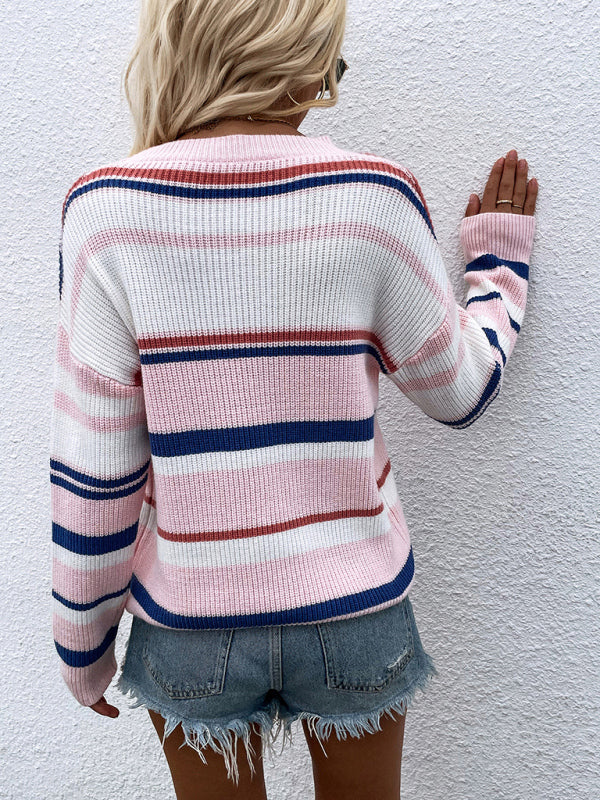 Sweaters- Striped Knitted Color Block Jumper Drop Shoulder Sweater- - Pekosa Women Clothing