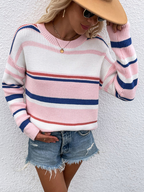 Sweaters- Striped Knitted Color Block Jumper Drop Shoulder Sweater- - Pekosa Women Clothing