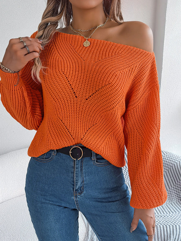 Sweaters- Timeless Boatneck Knit Sweater for Fall- Orange- Pekosa Women Clothing