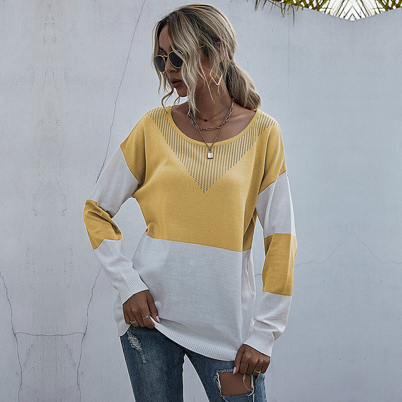 Sweaters- Women's Fall Winter Sweater: Cozy Knit, See-through, Ribbed Trim- Yellow- Pekosa Women Clothing