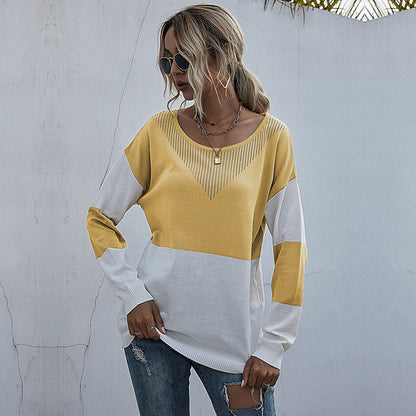 Sweaters- Women's Fall Winter Sweater: Cozy Knit, See-through, Ribbed Trim- Yellow- Pekosa Women Clothing